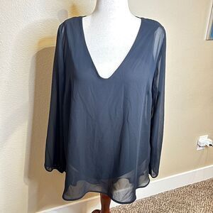 Juicy Couture black long sleeve sheer lined deep V top  Sz XL